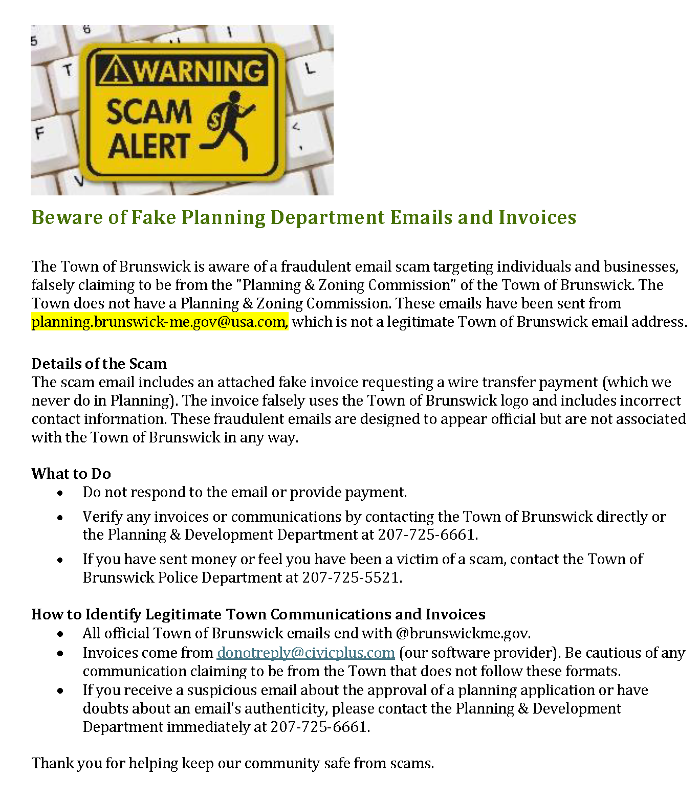 Beware of Fake Planning Department Emails and Invoices